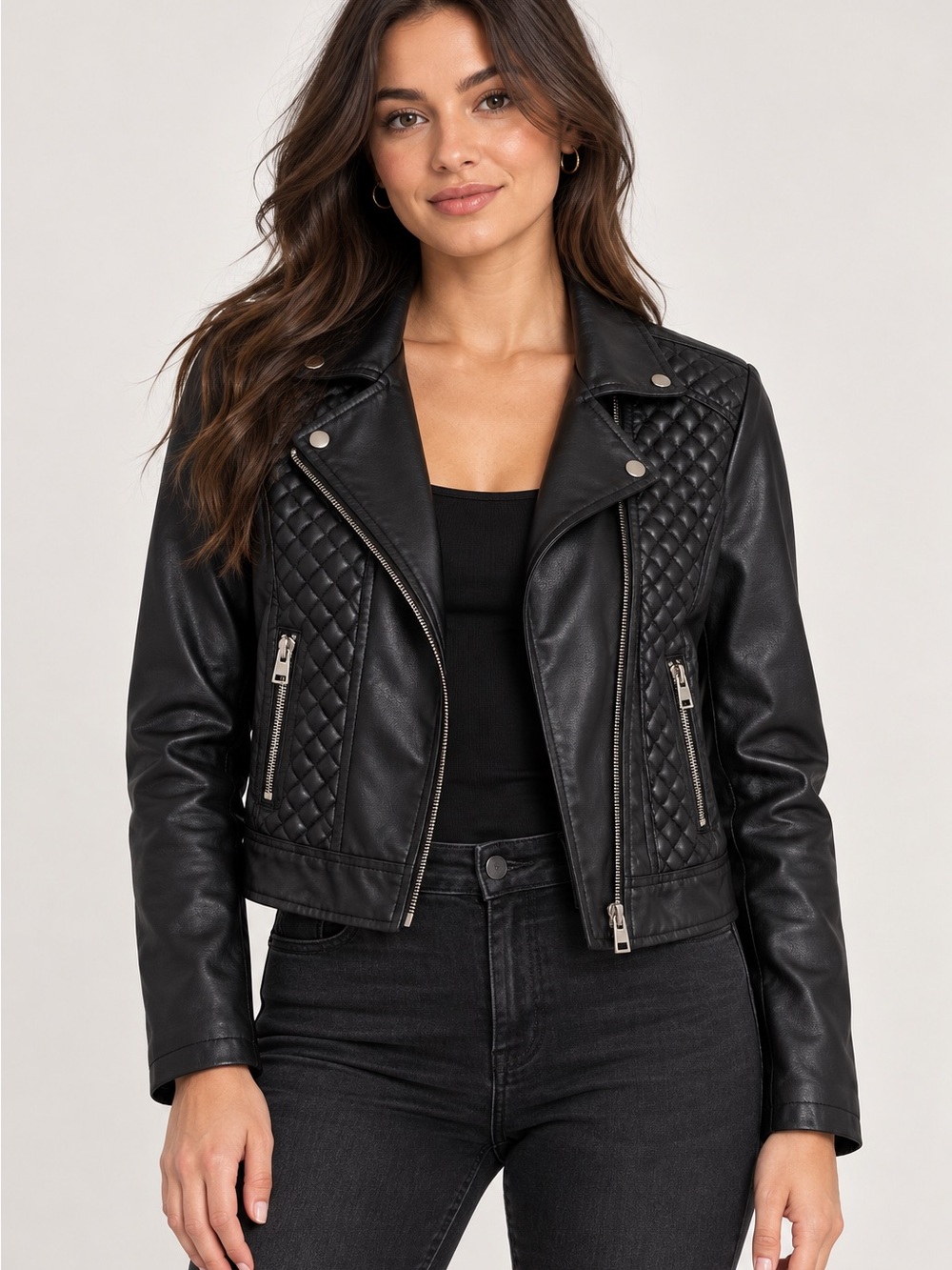 New Look Black Quilted Faux Leather Biker Jacket with Silver Hardware - Picture 2 of 4